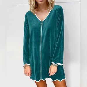 Teal V-Neck Zip-Up Dress